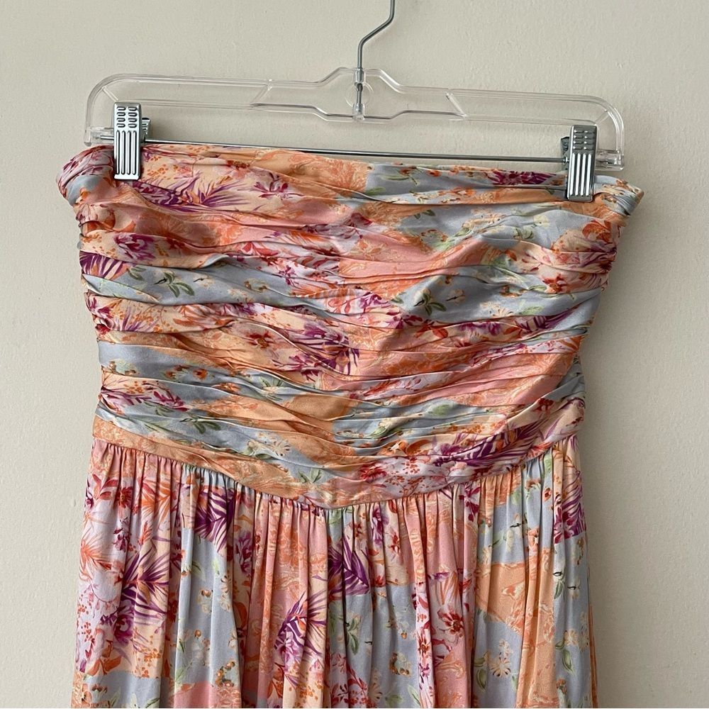 AMUR  Strapless Floral Maxi Dress Size 4 Peach Blue Smocked Bodice Wide Leg Flow - Picture 8 of 13